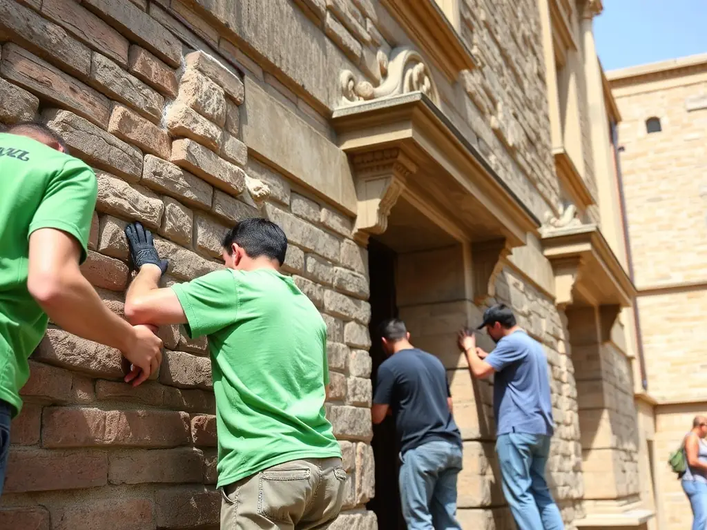 A group of volunteers working together to restore an old building facade, showcasing LUMIERE ANTIQUE's heritage conservation efforts.