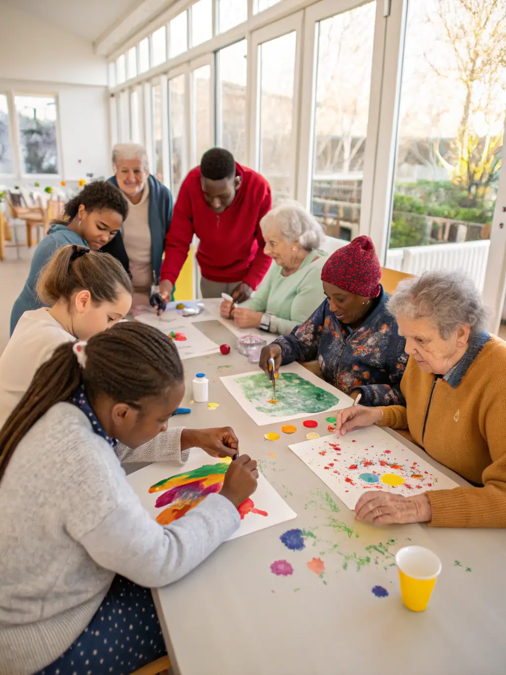 A group of children and seniors participating in an intergenerational workshop, learning about traditional crafts and sharing stories.