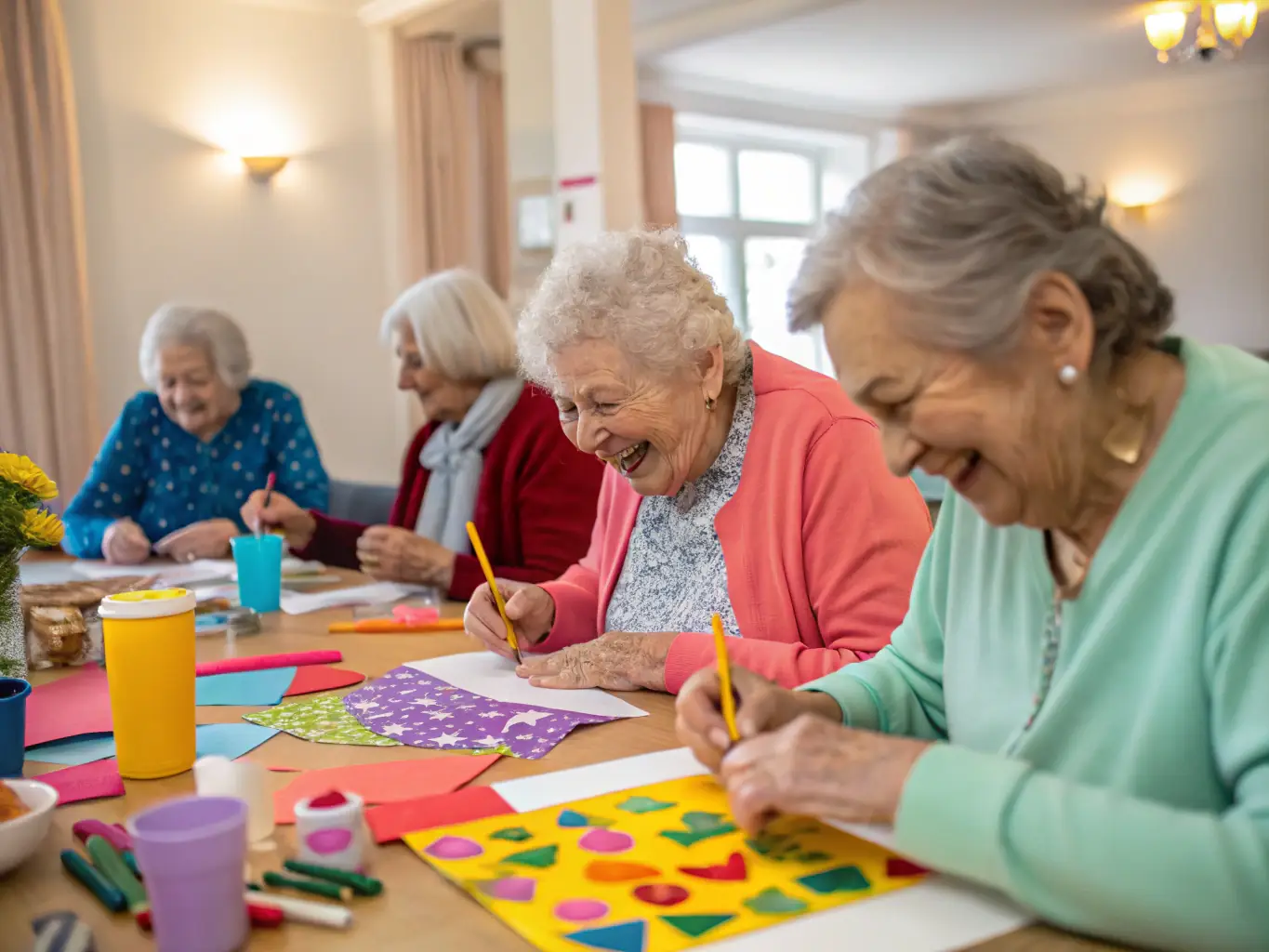 A photograph showcasing an intergenerational project at LUMIERE ANTIQUE, where elderly members of the community are sharing their knowledge and skills with younger generations. The scene is warm and engaging, with both age groups actively participating in a craft activity, fostering a sense of connection and mutual respect.