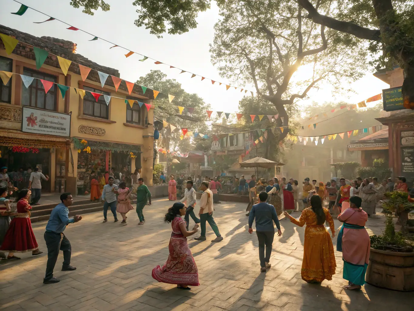 A vibrant photograph capturing a community cultural event organized by LUMIERE ANTIQUE, featuring music, dance, and local crafts.