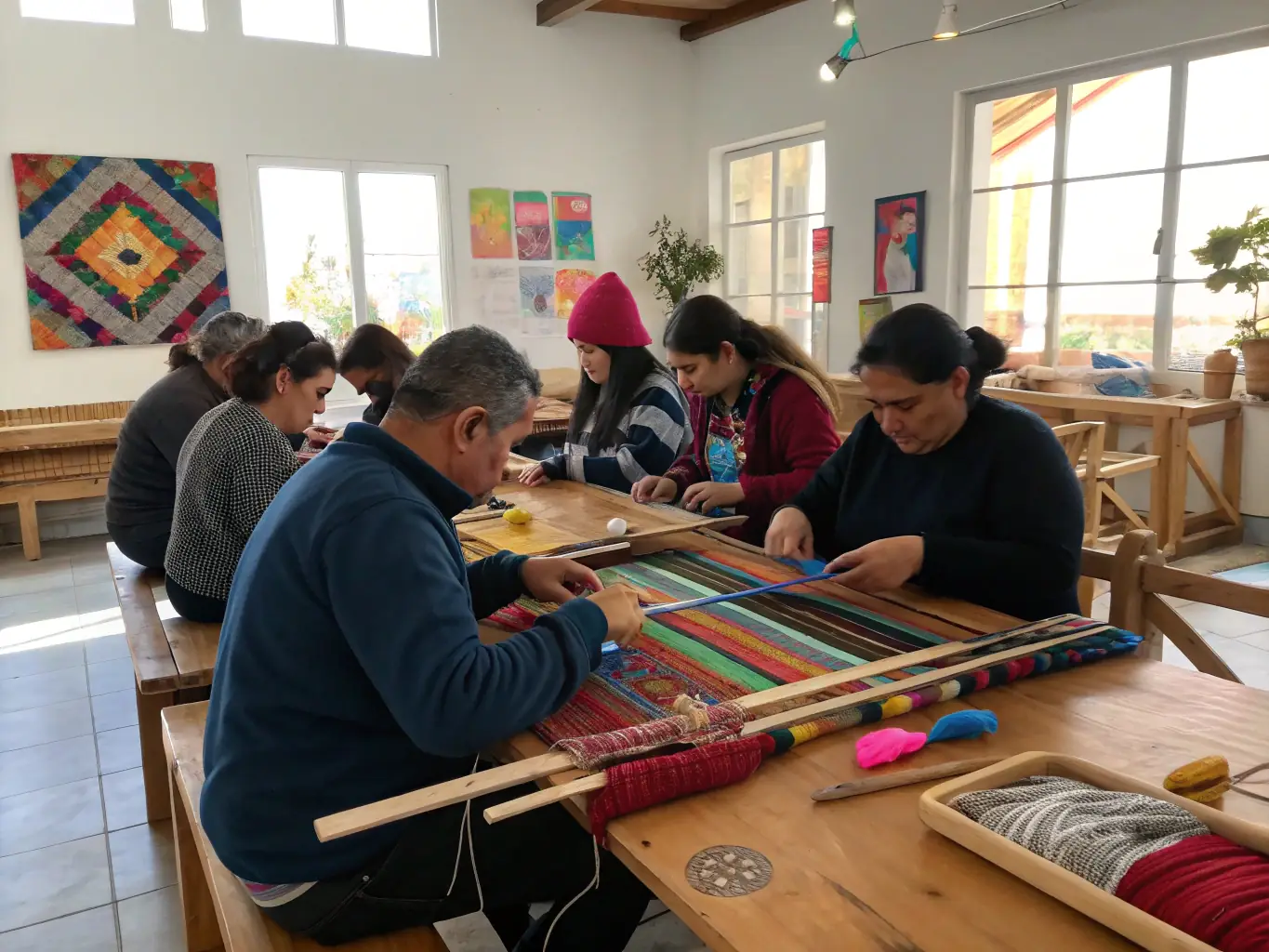 A photograph depicting an intergenerational workshop organized by LUMIERE ANTIQUE, where elderly artisans are teaching traditional crafts to young people.