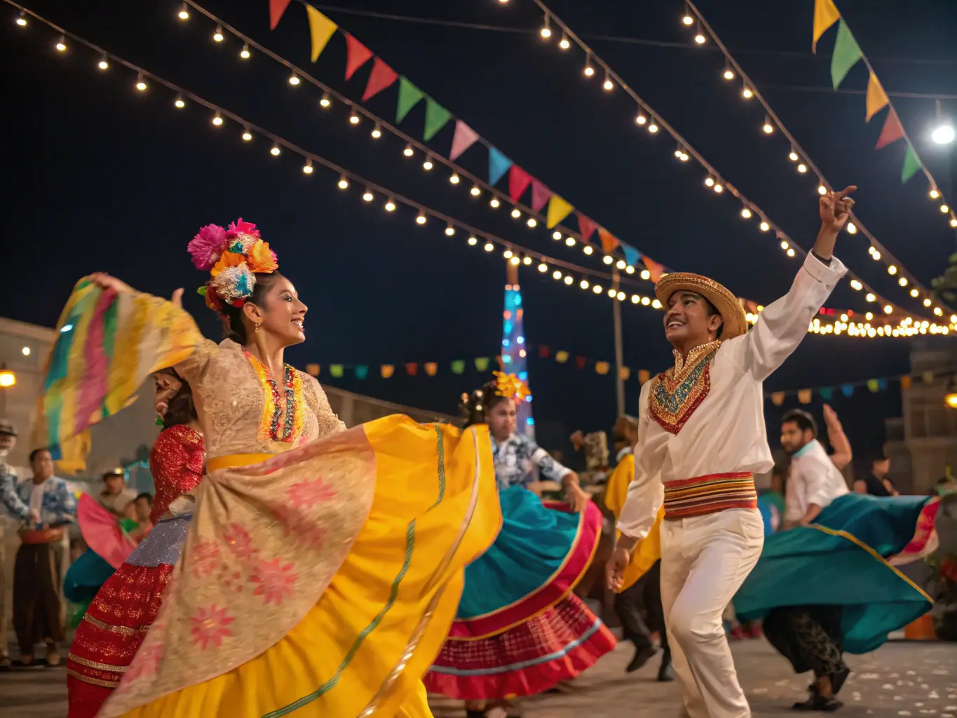 A vibrant image capturing a cultural event organized by LUMIERE ANTIQUE, featuring traditional music, dance, and local crafts. The scene is lively and colorful, with people of all ages participating and enjoying the festivities. The backdrop showcases a historic building, adding to the cultural ambiance.