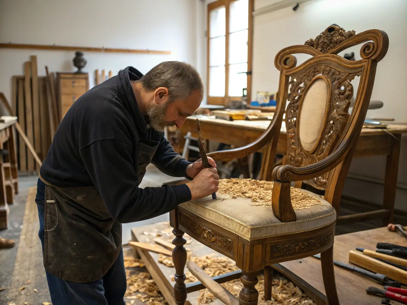 A photograph depicting a group of volunteers participating in a hands-on restoration workshop at LUMIERE ANTIQUE, carefully cleaning and repairing antique furniture under the guidance of an expert conservator. The scene is brightly lit, showcasing the intricate details of the furniture and the focused expressions of the participants.