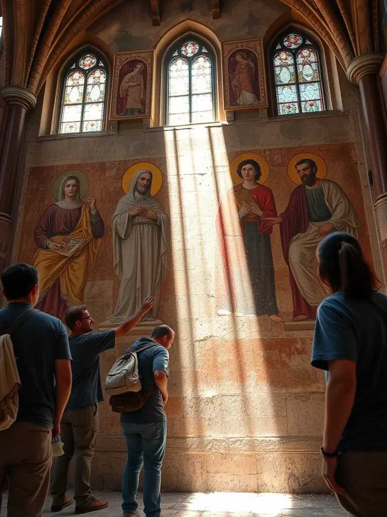 A photograph of volunteers restoring an antique fresco in a historic building, showcasing the hands-on preservation work of LUMIERE ANTIQUE.